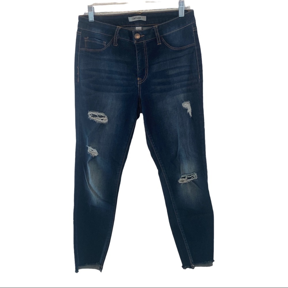 Refuge dark wash distressed high rise raw hem ankle skinny jeans size 8